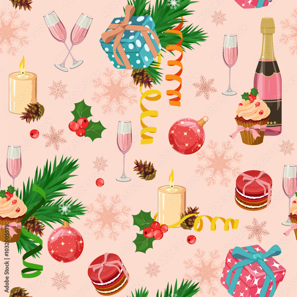 Fototapeta premium Holiday Christmas background with fir tree and festive decorations balls, cookie, snowflakes, champagne, candle on light background. Christmas vector illustration for decoration textile, holidays pack