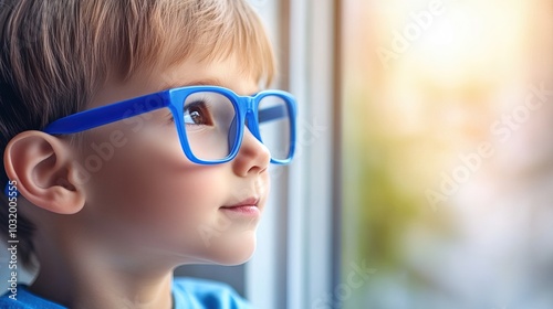 Young child wearing blue glasses focusing on distant tree outside window, symbolizing myopia prevention and importance of outdoor activities.