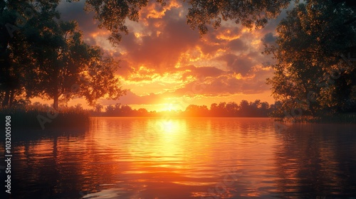 Tranquil Sunset Over a Lake with Silhouetted Trees