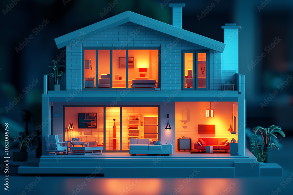 Smart home with device integration for lighting, heating, and security, 3D illustration Smart home with device integration for lighting, heating, and security, 3D illustration