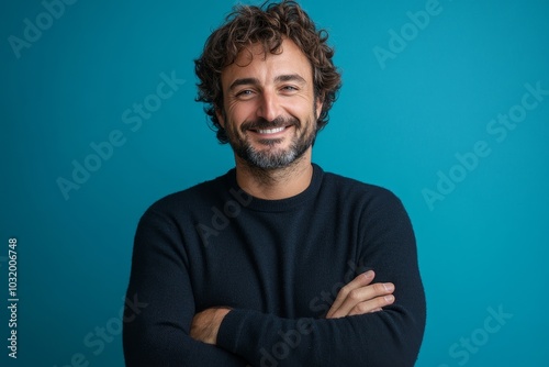 Happy italian man using cellphone on blue studio background and smiling, Generative AI