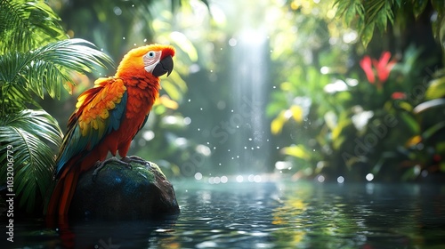 Vibrant Tropical Rainforest with Colorful Birds photo