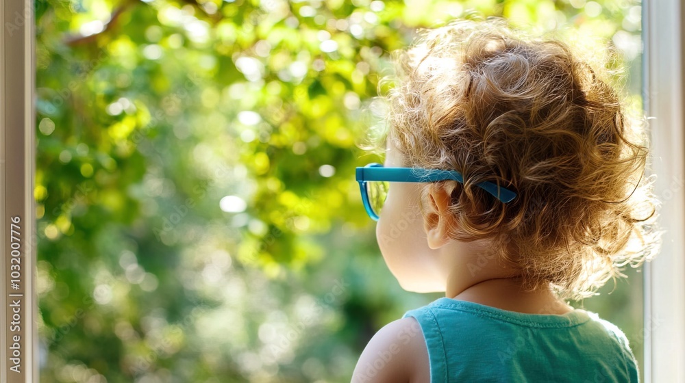 Young child wearing blue glasses focusing on distant tree outside window, symbolizing myopia prevention and importance of outdoor activities. Young child wearing blue glasses focusing on distant tree outside window, symbolizing myopia prevention and importance of outdoor activities.