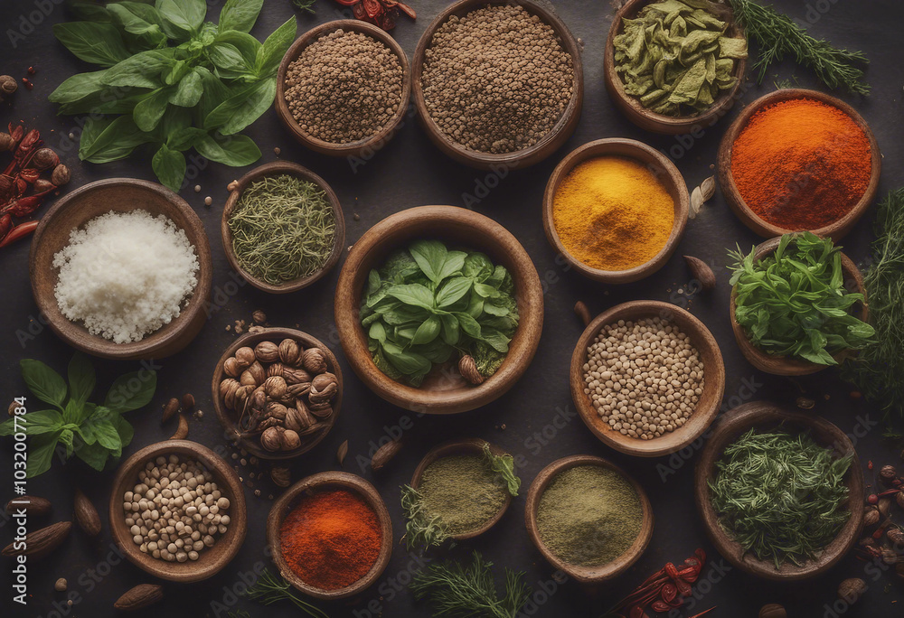 Top view of Herbs and spices isolated on background ingredients for cooking food healthy vegetables Top view of Herbs and spices isolated on background ingredients for cooking food healthy vegetables