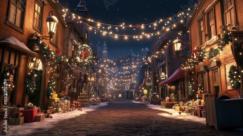 Festive Street with Holiday Lights and Decorations