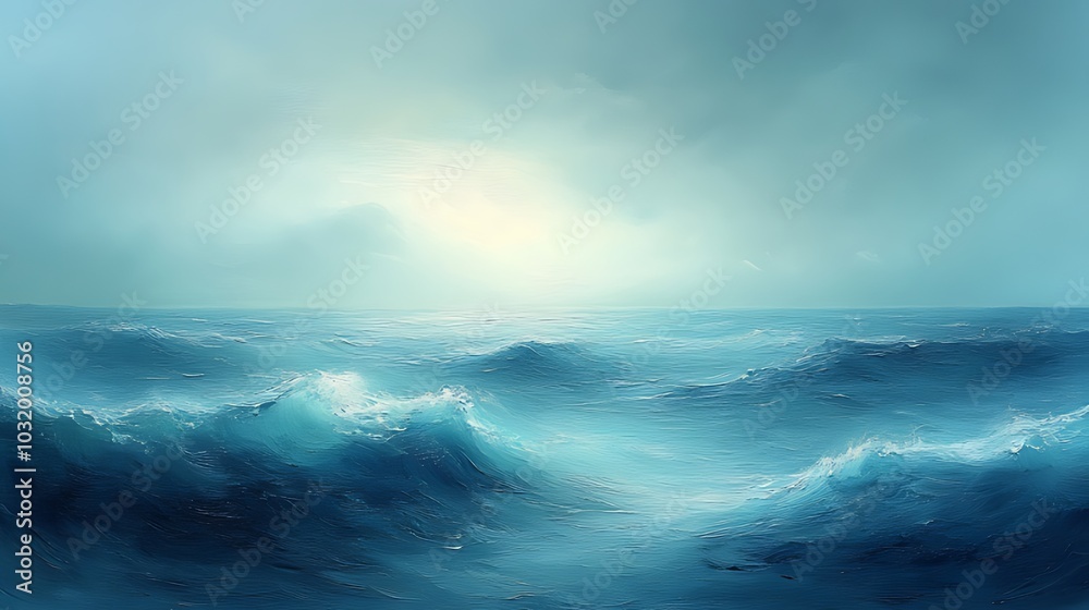 Obraz premium A serene seascape with a distant horizon and blue waves crashing in the foreground.