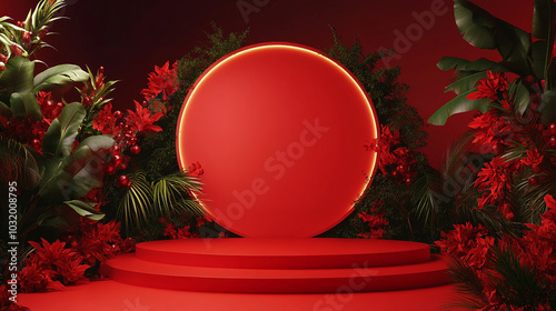 Kwanzaa celebration stage design featuring vibrant red and green foliage in a festive setting