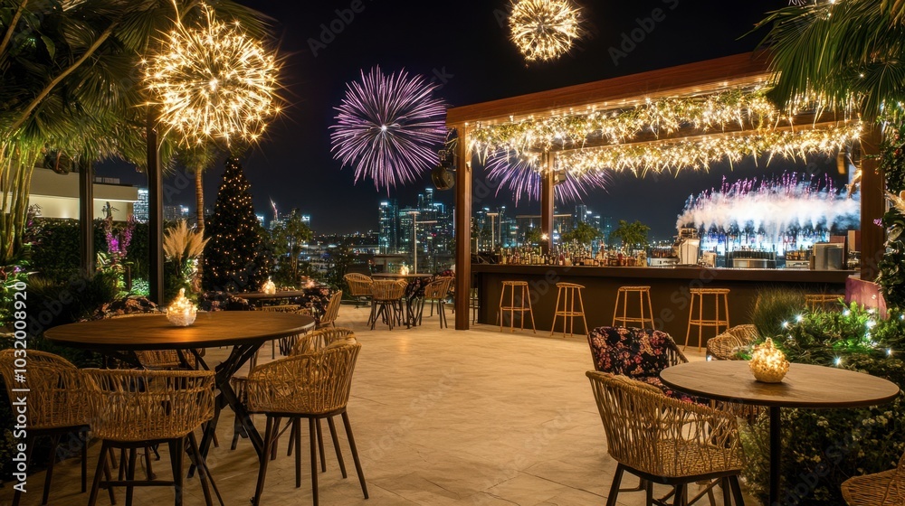 Obraz premium Nighttime Rooftop Celebration Overlooking Cityscape