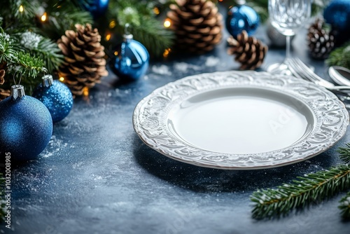 Christmas banner dining table setting frame with empty plate, cutlery, blue christmas toys, pine cones and fir tree. Winter holidays background, Generative AI