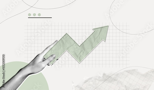 Trendy Halftone Collage Business and investment growth concept. Hand holding up arrow. Interest rate. Invest strategy. Successful development. Contemporary vector illustration art
