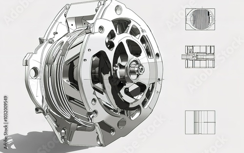 Detailed 3D rendering of an automobile alternator with technical drawings showcasing various views and components in a neutral background photo