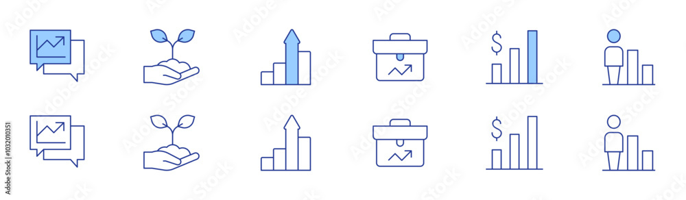 Growth icon set in two styles, Duotone and Thin Line style. Editable stroke. business, graphs, bars graphic, planting, rise, person Growth icon set in two styles, Duotone and Thin Line style. Editable stroke. business, graphs, bars graphic, planting, rise, person
