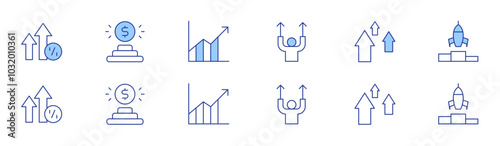 Growth icon set in two styles, Duotone and Thin Line style. Editable stroke. arrows up, goal, diagram, development, growth, start up