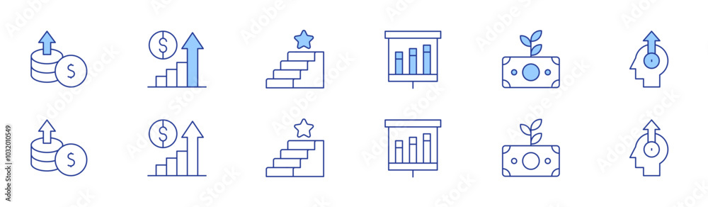 Growth icon set in two styles, Duotone and Thin Line style. Editable stroke. increase, growth chart, investment, money growth, growth, stairs Growth icon set in two styles, Duotone and Thin Line style. Editable stroke. increase, growth chart, investment, money growth, growth, stairs