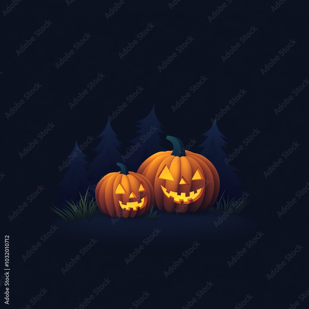 Two glowing jack-o'-lanterns sit surrounded by dark trees, radiating a spooky Halloween ambiance.
