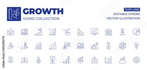Growth icons collection. Thin Line icons, editable stroke. growth, increase, line graph, improvement, investment, laptop, organic, bar chart, chart, dollar coin, earnings