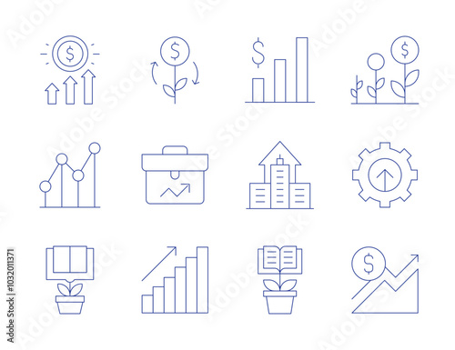 Growth icons. Thin Line style, editable stroke. agriculture, business, diagram, increase, line chart, plant, benefits, development, financial profit, bars graphic, company, educative book