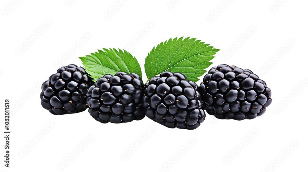 Fresh blackberries with green leaves, isolated on transparent background, showcasing their juicy texture and vibrant color. Fresh blackberries with green leaves, isolated on transparent background, showcasing their juicy texture and vibrant color.