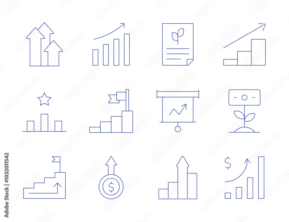 Growth icons. Thin Line style, editable stroke. rise, presentation, report, rating, growth, bar chart, career, dollar coin Growth icons. Thin Line style, editable stroke. rise, presentation, report, rating, growth, bar chart, career, dollar coin
