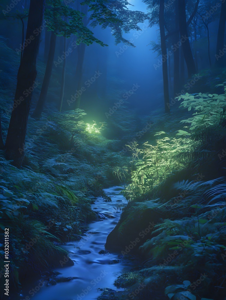 Mystical forest stream glows in the moonlight. Mystical forest stream glows in the moonlight.