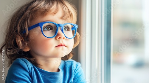 Young child wearing blue glasses focusing on distant tree outside window, symbolizing myopia prevention and importance of outdoor activities.