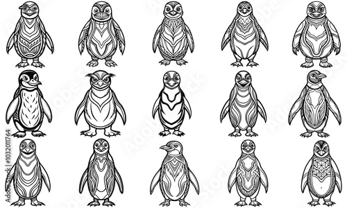 Penguin Coloring Page for Adults, Intricate Line Art Design for Relaxation and Stress Relief, Ideal for Adult Coloring Books or Printable Art Therapy Activities, High-Quality and Detailed Illustration