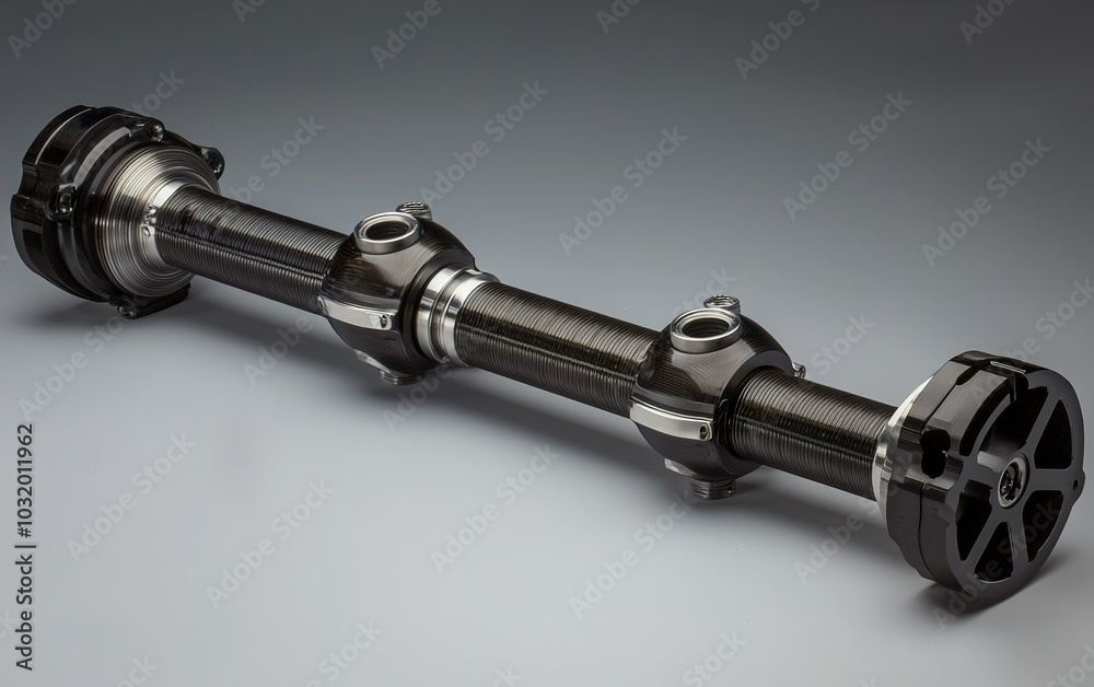 High-performance automotive drive shaft made from lightweight carbon fiber, showcasing advanced engineering details and design features