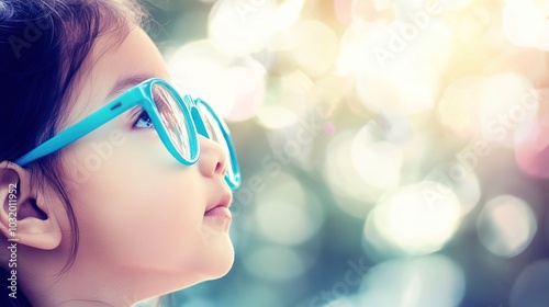 Young child wearing blue glasses focusing on distant tree outside window, symbolizing myopia prevention and importance of outdoor activities.