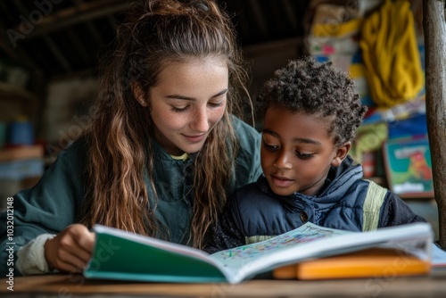 A young teacher helps a boy in elementary school lessons, shows a lesson in a book, Generative AI