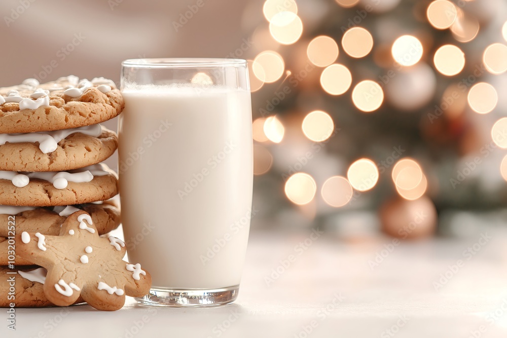 A Close-up of Gingerbread Cookies and Milk With Twinkling Holiday Lights and a Christmas Tree in the Background, Christmas Food Photography, Christmas Menu Style Photo Image A Close-up of Gingerbread Cookies and Milk With Twinkling Holiday Lights and a Christmas Tree in the Background, Christmas Food Photography, Christmas Menu Style Photo Image