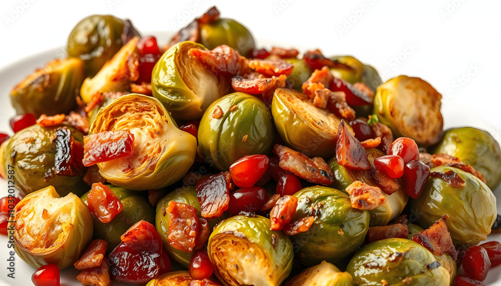 Roasted brussel sprouts with bacon and pomegranate isolated with white highlights, png Roasted brussel sprouts with bacon and pomegranate isolated with white highlights, png