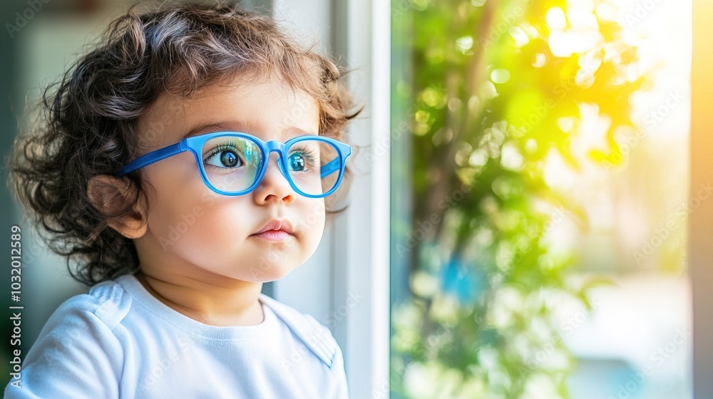 Young child wearing blue glasses focusing on distant tree outside window, symbolizing myopia prevention and importance of outdoor activities. Young child wearing blue glasses focusing on distant tree outside window, symbolizing myopia prevention and importance of outdoor activities.