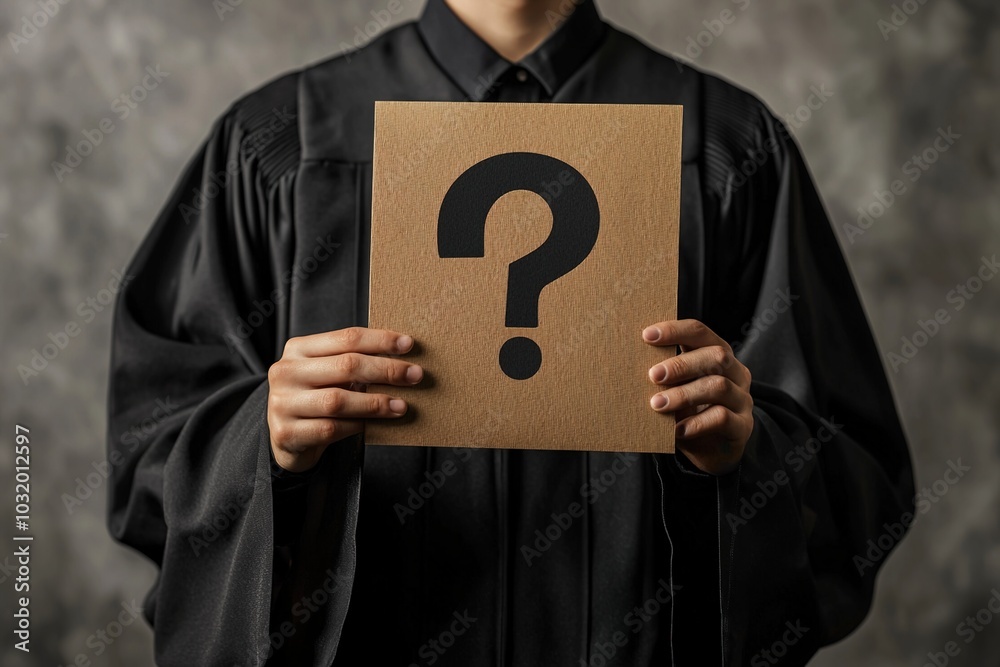 College graduate student in a black graduation gown holding a paper with question mark symbol drawn on it. Ai generative College graduate student in a black graduation gown holding a paper with question mark symbol drawn on it. Ai generative