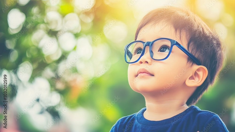 Young child wearing blue glasses focusing on distant tree outside window, symbolizing myopia prevention and importance of outdoor activities.