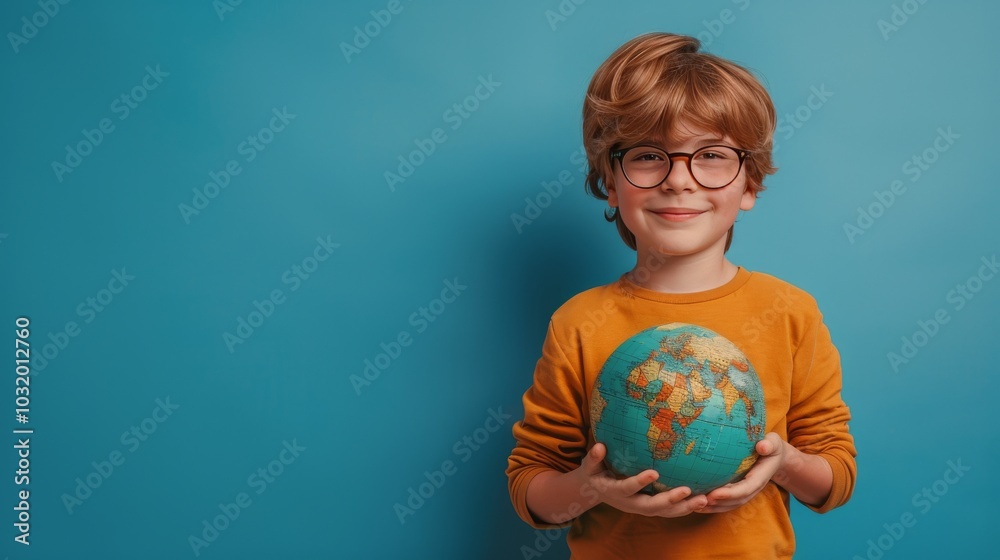 A young boy smiles while holding a globe against a blue background in a brightly lit room A young boy smiles while holding a globe against a blue background in a brightly lit room