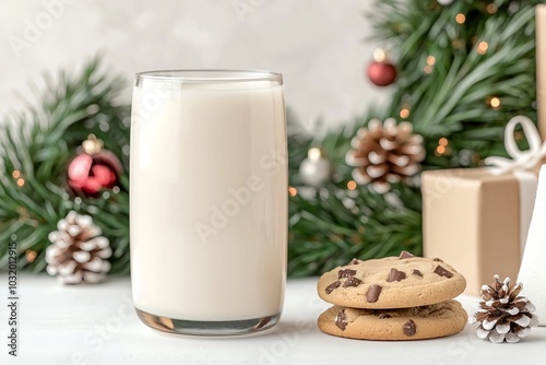 A Traditional Holiday Milk and Cookies Set on a Table With a Wreath and Holiday Decorations in the Background, Christmas Food Photography, Christmas Menu Style Photo Image