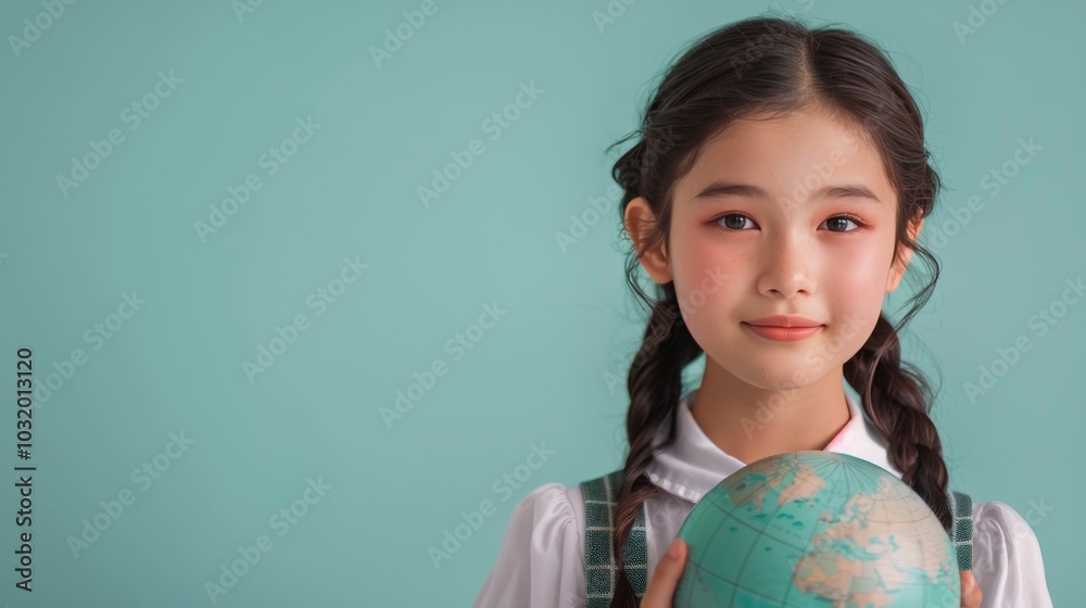 Young girl smiling while holding a globe against a light blue background indoors Young girl smiling while holding a globe against a light blue background indoors