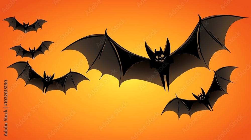 Fototapeta premium Dark bats flying against an orange sunset, creating a spooky and Halloween-themed atmosphere.