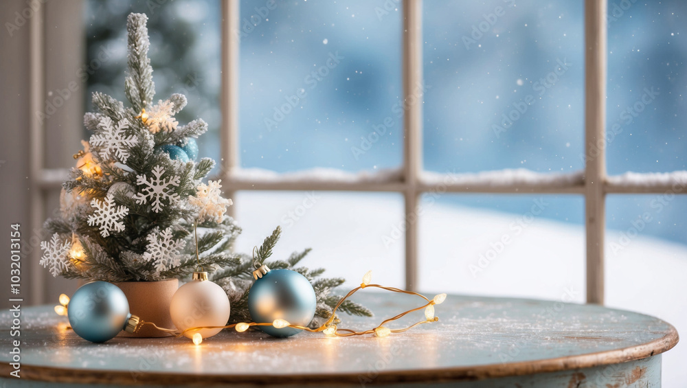 Fototapeta premium Christmas tree with presents and decorations on white table, space for text