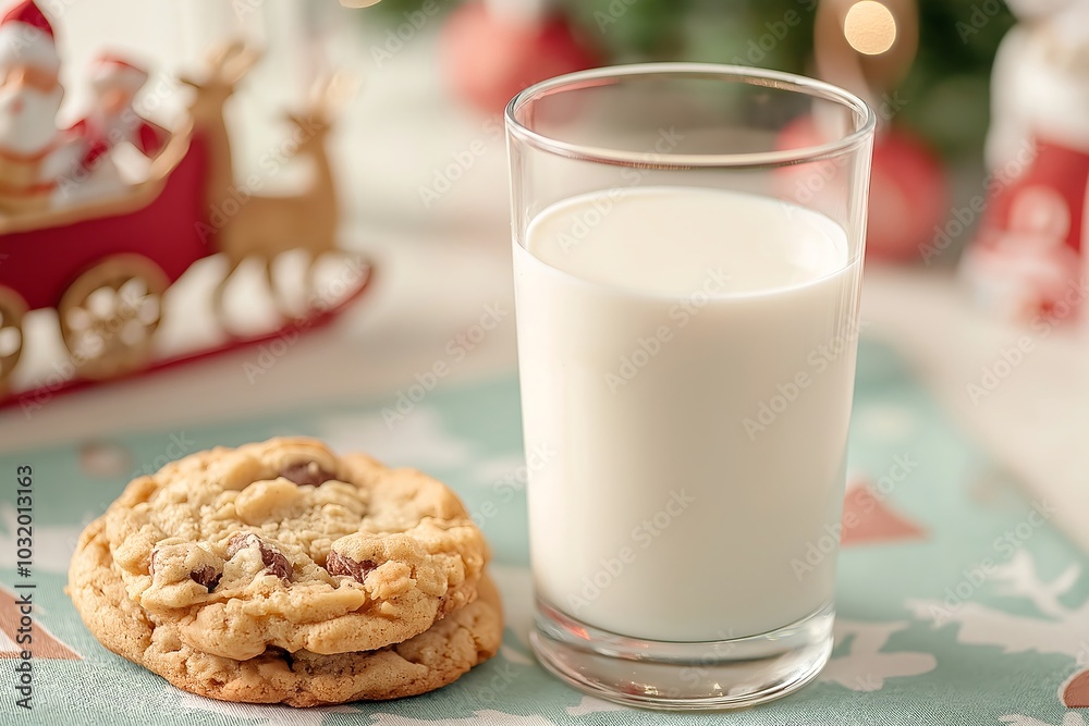Cookies and a Glass of Milk Placed on a Holiday-themed Tablecloth, With Santa’s Sleigh and Reindeer Figurines, Christmas Food Photography, Christmas Menu Style Photo Image Cookies and a Glass of Milk Placed on a Holiday-themed Tablecloth, With Santa’s Sleigh and Reindeer Figurines, Christmas Food Photography, Christmas Menu Style Photo Image
