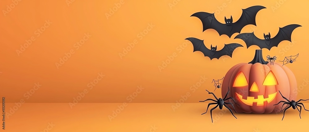 Fototapeta premium A spooky Halloween scene featuring a carved pumpkin with glowing eyes and bats, set against an orange background.