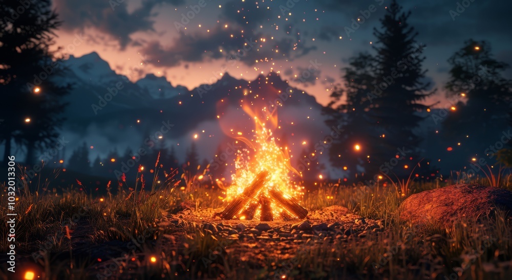 Campfire glows warmly amidst trees as the sun sets over distant mountains in the evening sky Campfire glows warmly amidst trees as the sun sets over distant mountains in the evening sky
