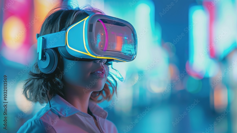 Young woman exploring virtual reality technology in a futuristic setting with glowing blue lights Young woman exploring virtual reality technology in a futuristic setting with glowing blue lights