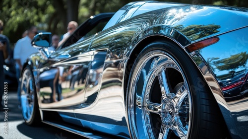 Shiny car finish showcase: Exotic sports cars with polished chrome finishes and custom wheels at a luxury car show