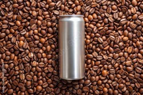 Coffee can on bed of roasted coffee beans energizing drink concept photo