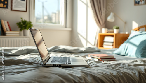 Laptop with copybooks on bed in student's room isolated with white highlights, png photo