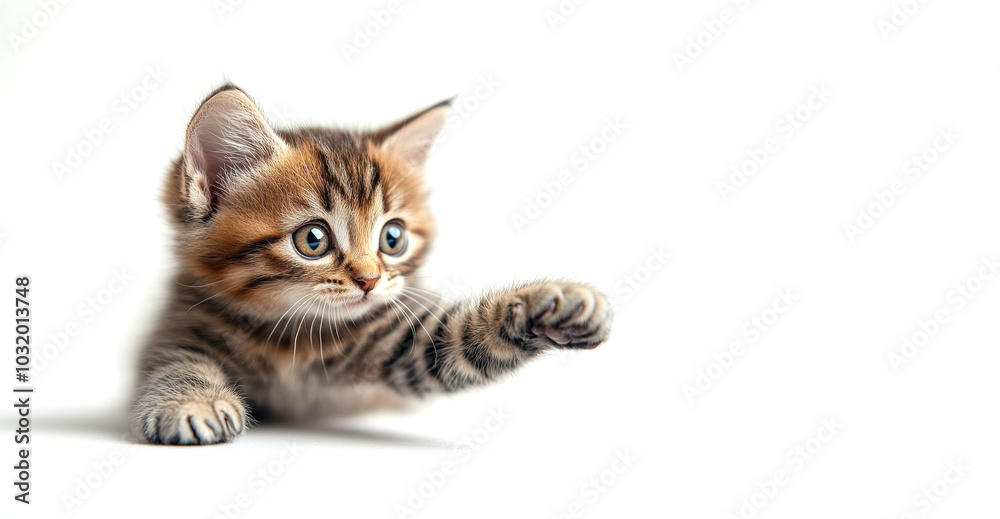 Obraz premium Playful tabby kitten reaching out with its paw, showing curiosity and energy. Set against a bright white background. Copy space