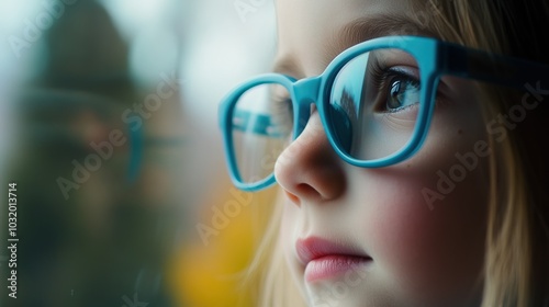 Young child wearing blue glasses focusing on distant tree outside window, symbolizing myopia prevention and importance of outdoor activities.