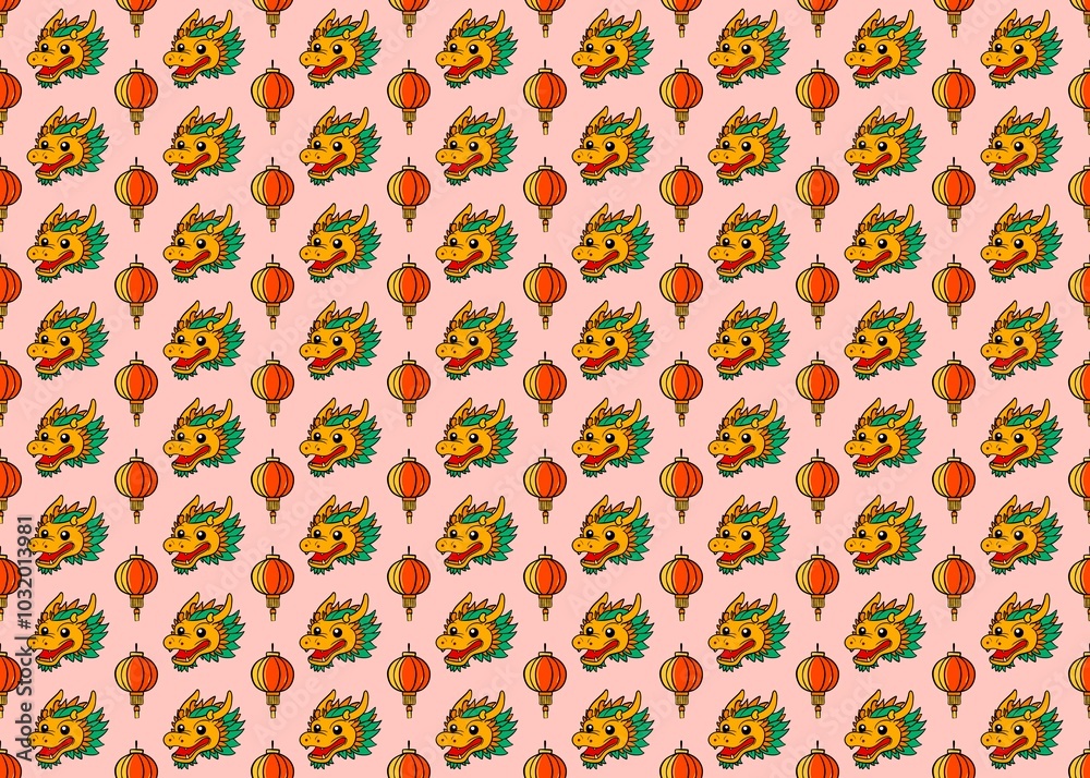 Seamless pattern with funny monsters. Chinese new year. Seamless pattern with dragons on a pink background. Traditional Chinese character. Asian mythological dragons. Red Chinese lantern. Seamless pattern with funny monsters. Chinese new year. Seamless pattern with dragons on a pink background. Traditional Chinese character. Asian mythological dragons. Red Chinese lantern.