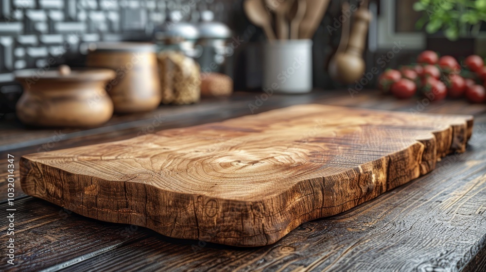 Wooden cutting board on a rustic table against a textured dark wall in a cozy kitchen setting Wooden cutting board on a rustic table against a textured dark wall in a cozy kitchen setting